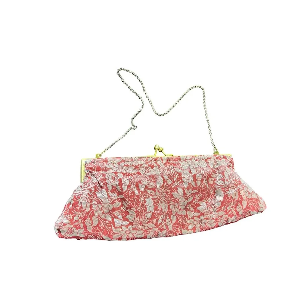 Vintage Pink Lace Beaded Floral Evening‎ Clutch Bag Gold Chain Made in India